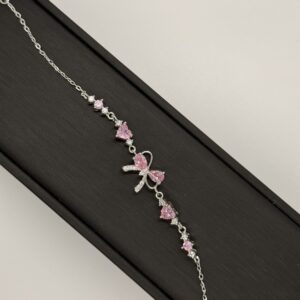 Pink Bow Silver Bracelet Studded with Stones – Original Box Packaging